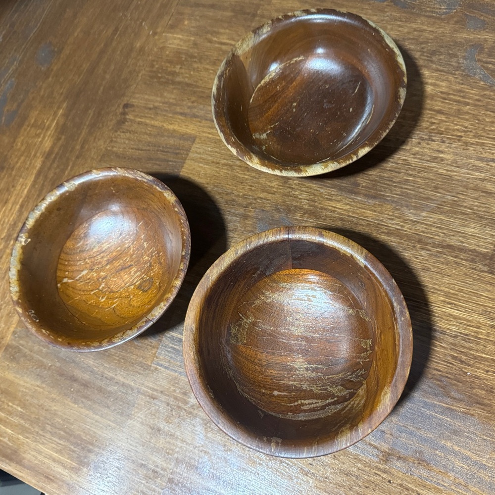 Set of 3 REAL Walnut Rustic Brown Wooden Bowls Set
